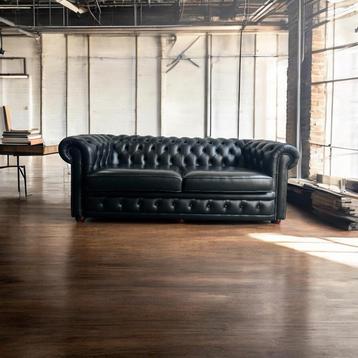 Stoere zwarte lederen chesterfield zetel / canapé / sofa  beschikbaar voor biedingen