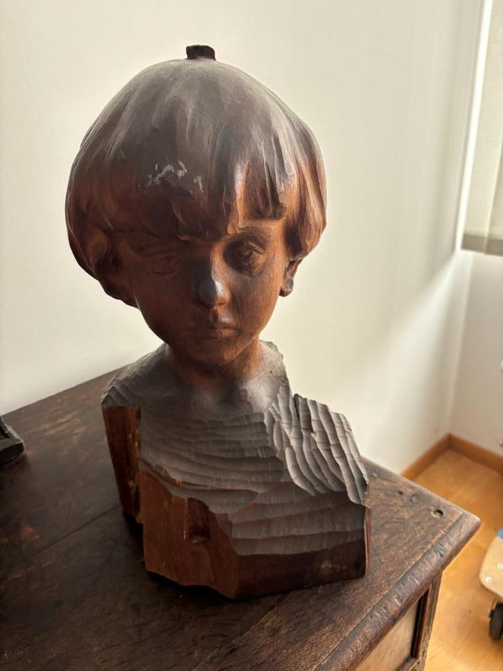 Originele houten buste – Kinderkop - handgesculpteerd, Antiek en Kunst, Kunst | Beelden en Houtsnijwerken, Ophalen
