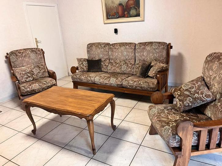 Massieve houten salonset (3-zit + 2 zetels), Huis en Inrichting, Zetels | Complete zithoeken, Zo goed als nieuw, Hout, Stof, Ophalen