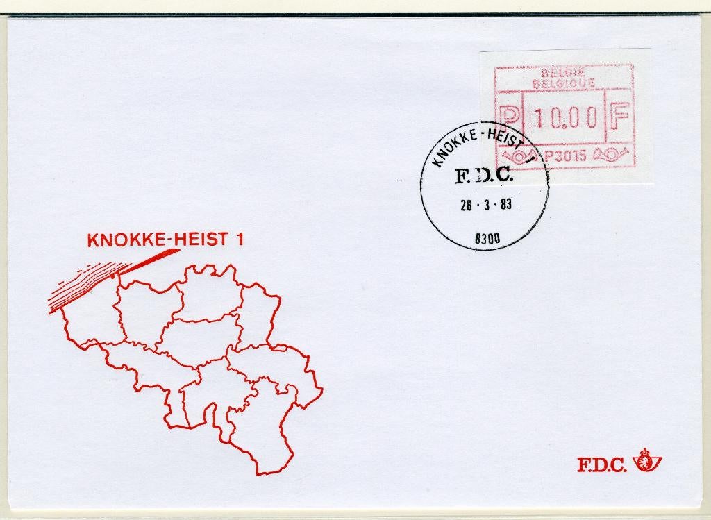 (B) ATM15 FDC Envelop 1983 - Knokke-Heist 1 (P3015), Met envelop, Ophalen of Verzenden, Gestempeld, 1e dag stempel