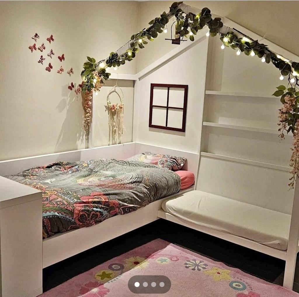 Bed met zitbank en boekenrek, Ophalen, Eenpersoons, Wit, Overige maten