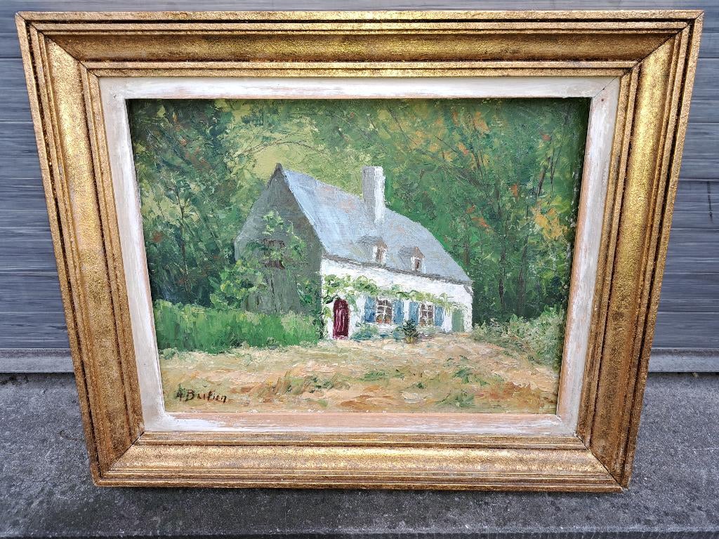 huile sur panneau maison signe alfred bastien, Antiek en Kunst, Kunst | Schilderijen | Klassiek, Ophalen of Verzenden