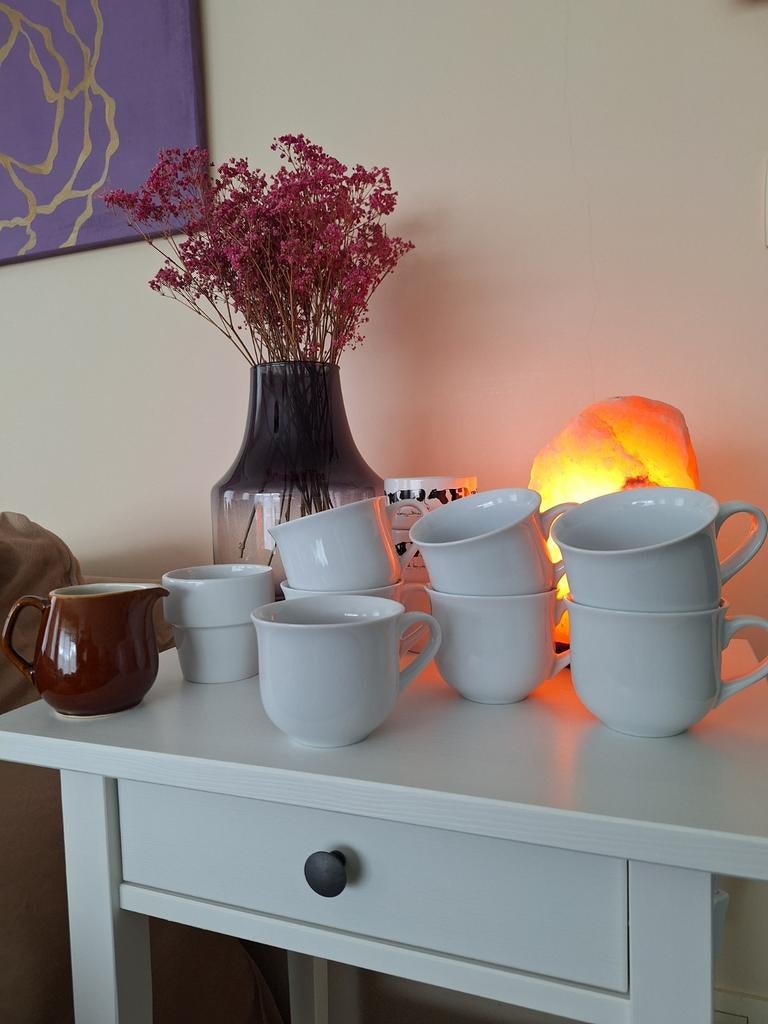 7 koffie koppen/ thee tassen, suikerpot, melkpotje 2 bekers, Ophalen, Zo goed als nieuw, Porselein, Kop(pen) en/of Schotel(s)