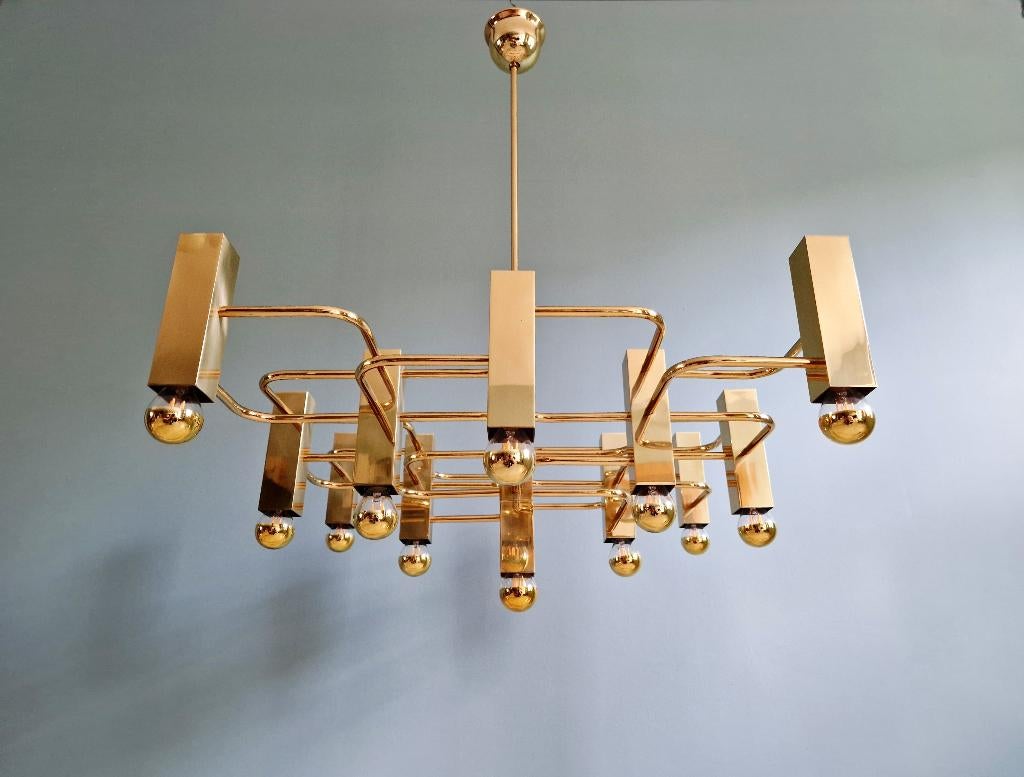 Grote geometrische koperen kroonluchter, G. Sciolari,1970-80, Ophalen