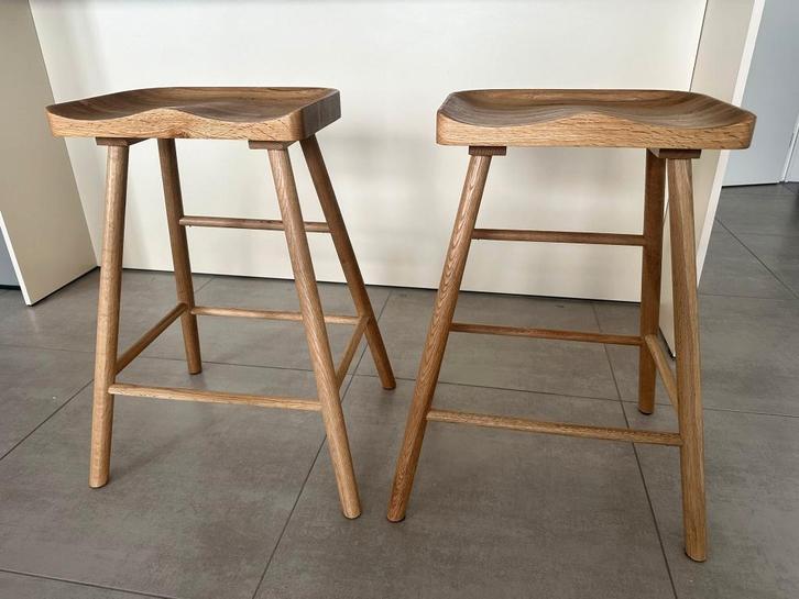 2 Barkrukken (merk Fonq), Maison & Meubles, Tabourets de bar, Comme neuf, 60 à 90 cm, Bois, 2 tabourets, Enlèvement