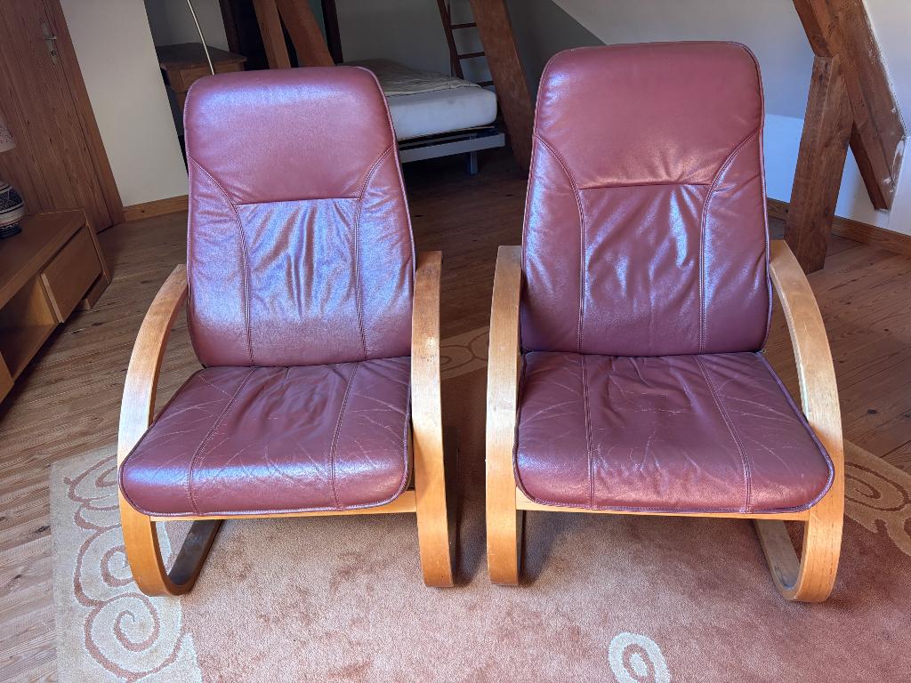 2 lederen relaxzetels Deens design, Maison & Meubles, Fauteuils, Utilisé, Cuir, 50 à 75 cm, Moins de 75 cm, Enlèvement