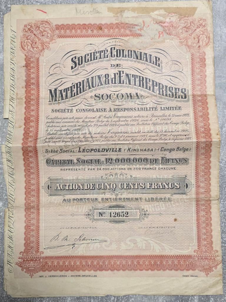 Titres au pirteur+Actions+SOCOMA +Congo Belge, Enlèvement, 1920 à 1950, Action