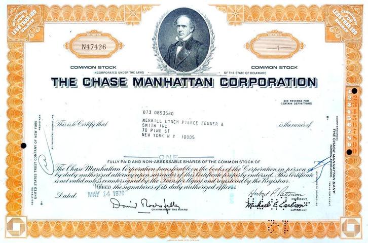 The Chase Manhattan (ROCKEFELLER) Corporation 1970, Postzegels en Munten, Aandelen en Waardepapieren, Certificaat van aandeel