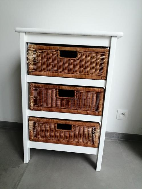 Ladekast met 3 laden, manden, rieten, wit hout, Huis en Inrichting, Kasten | Ladekasten, Gebruikt, Ophalen