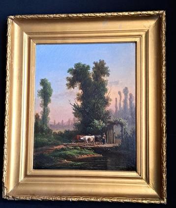 Belle peinture originale « Fermier avec du bétail » huile su