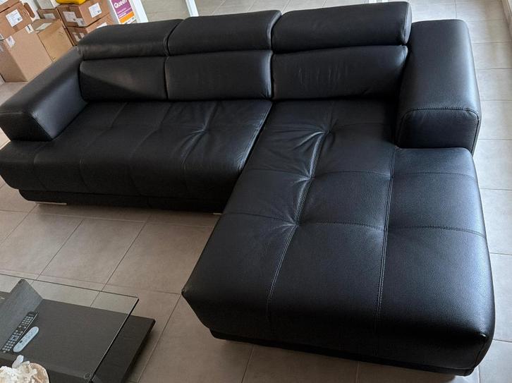 Lederen zwarte zetel, Huis en Inrichting, Zetels | Zetels, Zo goed als nieuw, Hoekbank, Driepersoons, 200 tot 250 cm, 150 cm of meer