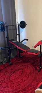 Benchpress+bar en gewichten, Sport en Fitness, Fitnessmaterialen, Ophalen, Zo goed als nieuw