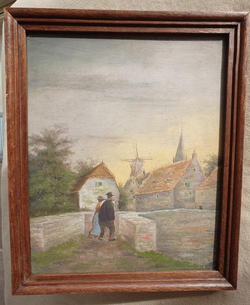 Vue village avec église et moulin, Antiquités & Art, Art | Peinture | Classique, Enlèvement