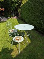 Sierlijke metalen tuintafel (90cm) + 2 stoelen, Jardin & Terrasse, Tables de jardin, Rond, Utilisé, Enlèvement ou Envoi, Métal