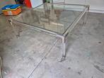 Vintage salontafel glas met plexi en koperlementen., Huis en Inrichting, Tafels | Salontafels, Ophalen, Zo goed als nieuw, Vierkant