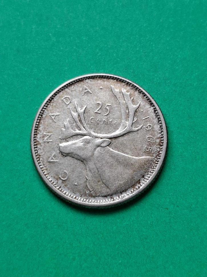 1965 Canada 25 cents in zilver Elizabeth II met kariboe, Postzegels en Munten, Munten | Amerika, Losse munt, Noord-Amerika, Zilver