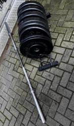 110kg Crossmaxx Bumperplates, Barbell 220cm , Opbergrek, Sport en Fitness, Ophalen, Gebruikt, Halterschijven