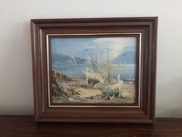 Schilderij zee boten op doek in houten lijst kader bruin beschikbaar voor biedingen