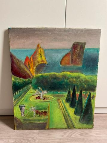 Schilderij met tuin en uitzicht op water beschikbaar voor biedingen