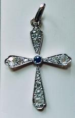 Antieke gouden kruis met diamanten en saffier, Ophalen of Verzenden, Goud, Hanger, Met edelsteen