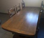 massief eiken tafel, blad in parketvorm + 6 stoelen, Ophalen, Jaren 60, 200 cm of meer, 50 tot 100 cm