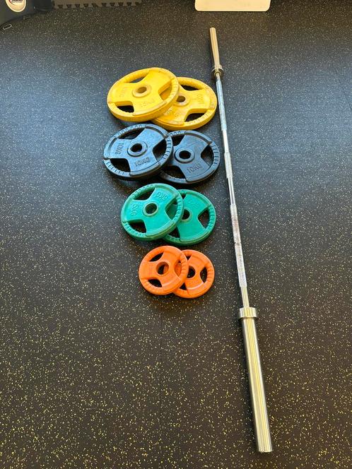 Barbell + gewichten, Sport en Fitness, Fitnessmaterialen, Gebruikt, Ophalen