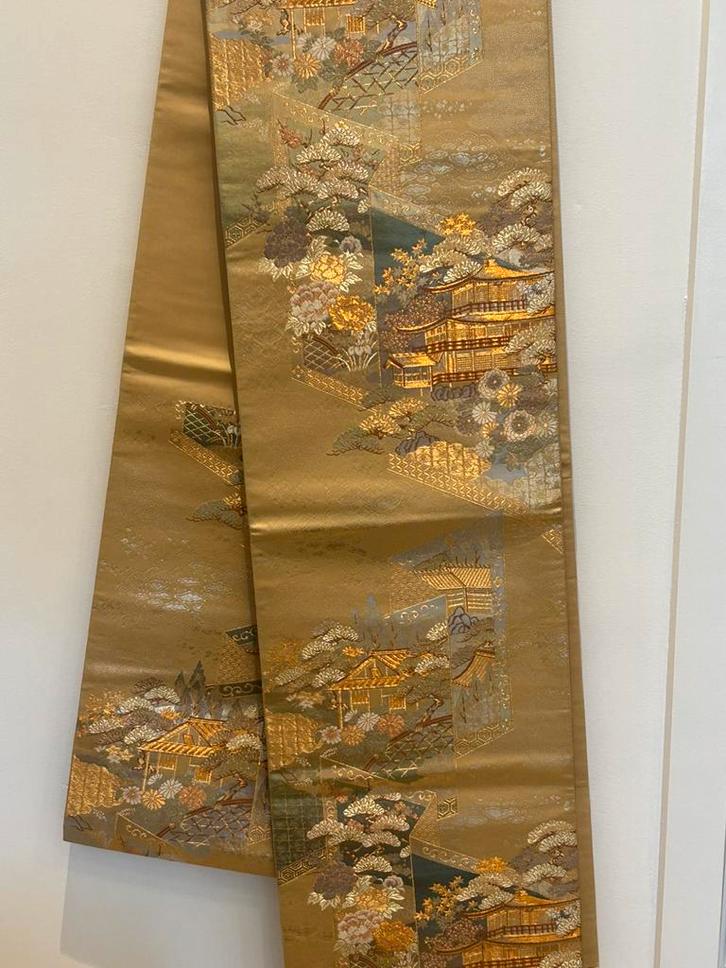 Zeldzame vintage obi in Nishijin-ori — Gouden Paviljoen), Antiek en Kunst, Antiek | Tapijten, Tafelkleden en Textiel, Verzenden