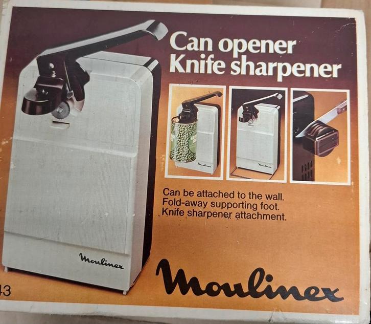 Vintage Moulinex blikopener/messenslijper uit de jaren 70, Doe-het-zelf en Bouw, Elektriciteit en Kabels, Ophalen