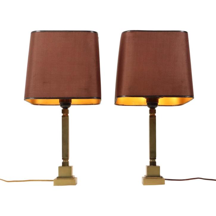 Koppel Mid Century Messing Tafellampen Boulanger Stijl 45cm, Huis en Inrichting, Lampen | Tafellampen, Gebruikt, Metaal, Stof