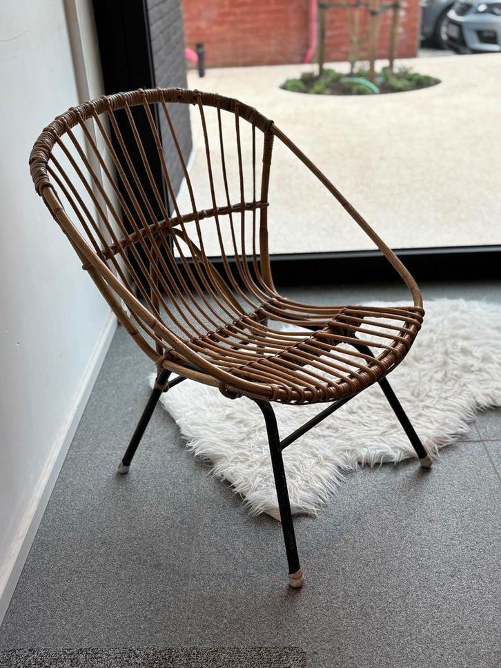 Vintage boho rotan / bamboe kuipstoel feauteuil, Maison & Meubles, Chaises, Utilisé, Une, Métal, Osier ou Rotin, Brun, Enlèvement