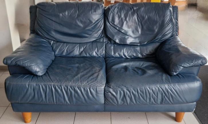 Salon en cuir gris-bleu, Maison & Meubles, Canapés | Salons, Bois, Cuir, Enlèvement