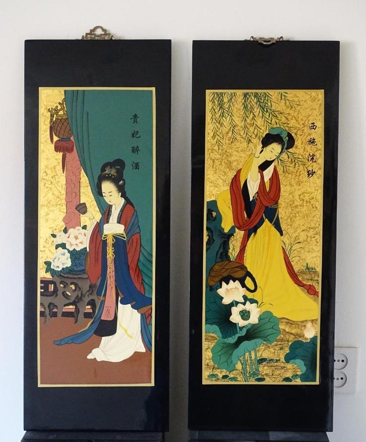 2 Chinese panelen schilderijen, Antiek en Kunst, Kunst | Niet-Westerse kunst, Ophalen