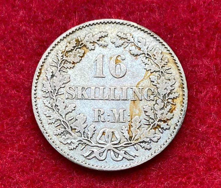 Muntencollectie - 16 Skilling Denemarken 1857 in zilver, Antiek en Kunst, Antiek | Zilver en Goud, Zilver, Ophalen of Verzenden