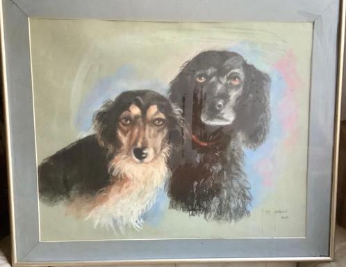 Beau pastel de chiens, teckel signé Peggy Bathurst, Antiek en Kunst, Kunst | Schilderijen | Klassiek, Ophalen of Verzenden