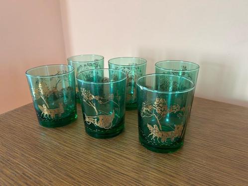 Set van 6 Vintage Groene Waterglazen, Verzamelen, Glas en Drinkglazen, Zo goed als nieuw, Waterglas, Ophalen
