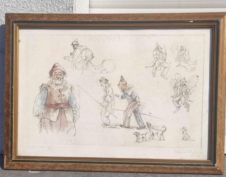 Eau forte les clown signe Anne velghe, Antiek en Kunst, Kunst | Etsen en Gravures, Ophalen of Verzenden