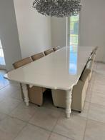 Grote witgelakte landelijke eettafel met 8 leren stoelen, Ophalen, Gebruikt