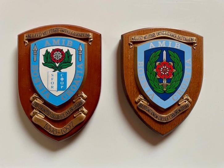 Te koop: 2 houten crests AMIB, Verzamelen, Militaria | Algemeen, Overige soorten, Embleem of Badge, Ophalen of Verzenden