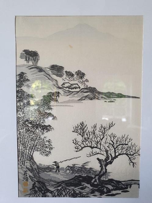 Japanse prent | Imoto Tekiho - Bamboe, Abrikoos en een visse, Antiek en Kunst, Kunst | Niet-Westerse kunst, Ophalen of Verzenden
