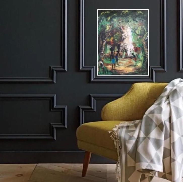 Fifties olieverfschilderij Afrikaans landschap&figuren “LUK”, Antiek en Kunst, Kunst | Schilderijen | Modern, Ophalen