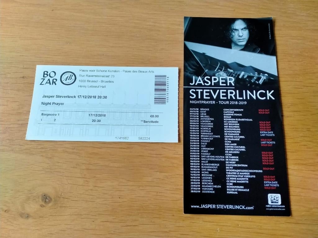 Jasper Steverlinck Night Prayer @Bozar 2018 concertticket, Verzamelen, Overige Verzamelen, Gebruikt, Ophalen