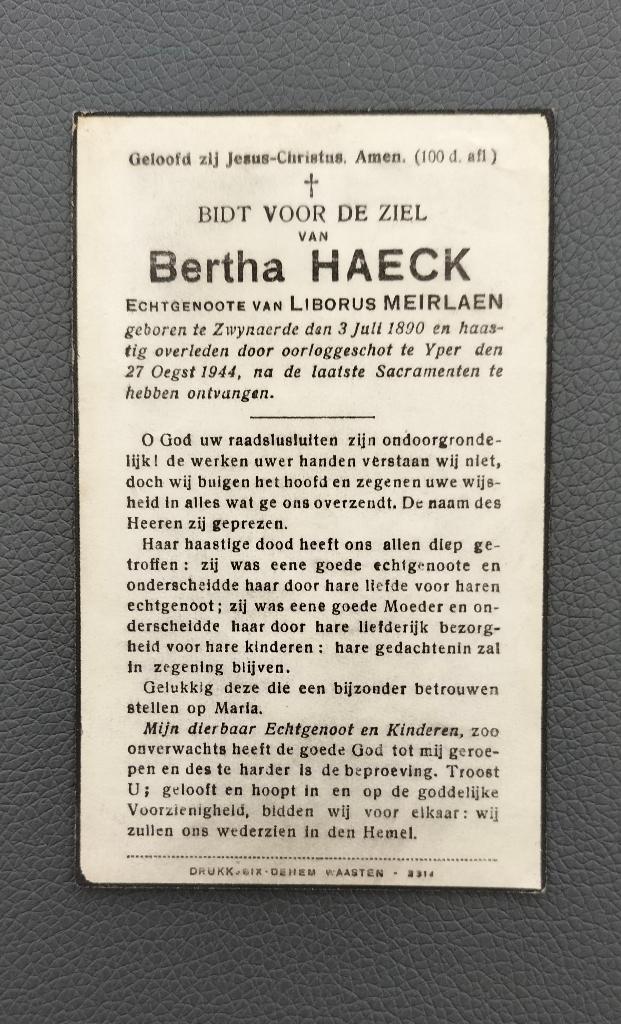 Slachtoffer WO II - Bertha Haeck  Zwijnaarde + Ieper 1944, Verzamelen, Bidprentjes en Rouwkaarten, Bidprentje, Verzenden