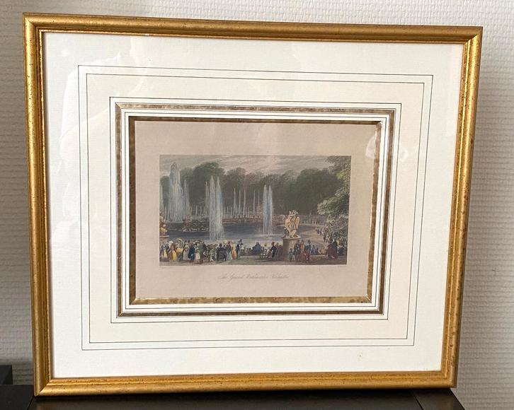 19e eeuwse Engelse ingelijste gravures Versailles, Antiek en Kunst, Kunst | Etsen en Gravures, Ophalen of Verzenden