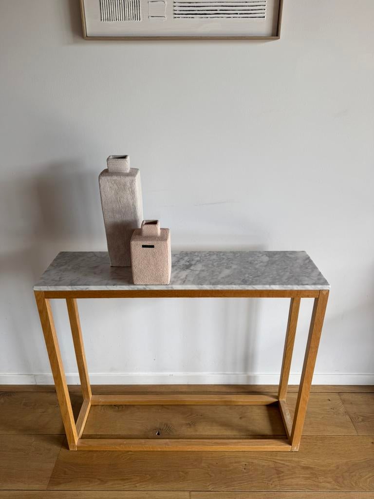 Console / table d’appoint plateau marbre & structure bois, Maison & Meubles, Enlèvement, Comme neuf