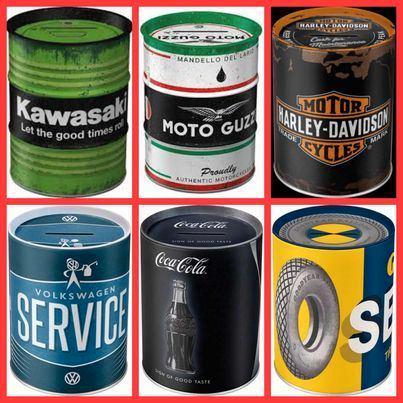 Olie blik spaarpot Harley VW Goodyear Coca cola money box, Verzamelen, Spaarpotten, Nieuw, Overige thema's, Metaal of Blik, Ophalen of Verzenden