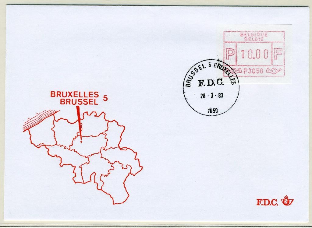 (B) Enveloppe ATM56 FDC 1983 - Bruxelles 5 (P3056), Enlèvement ou Envoi, Affranchi, Avec enveloppe, Oblitération 1er jour