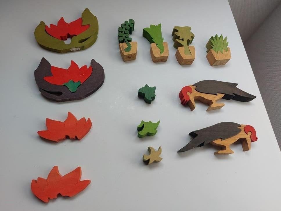 Houten figuren natuurthema – vogels, bladeren en planten, Antiek en Kunst, Ophalen