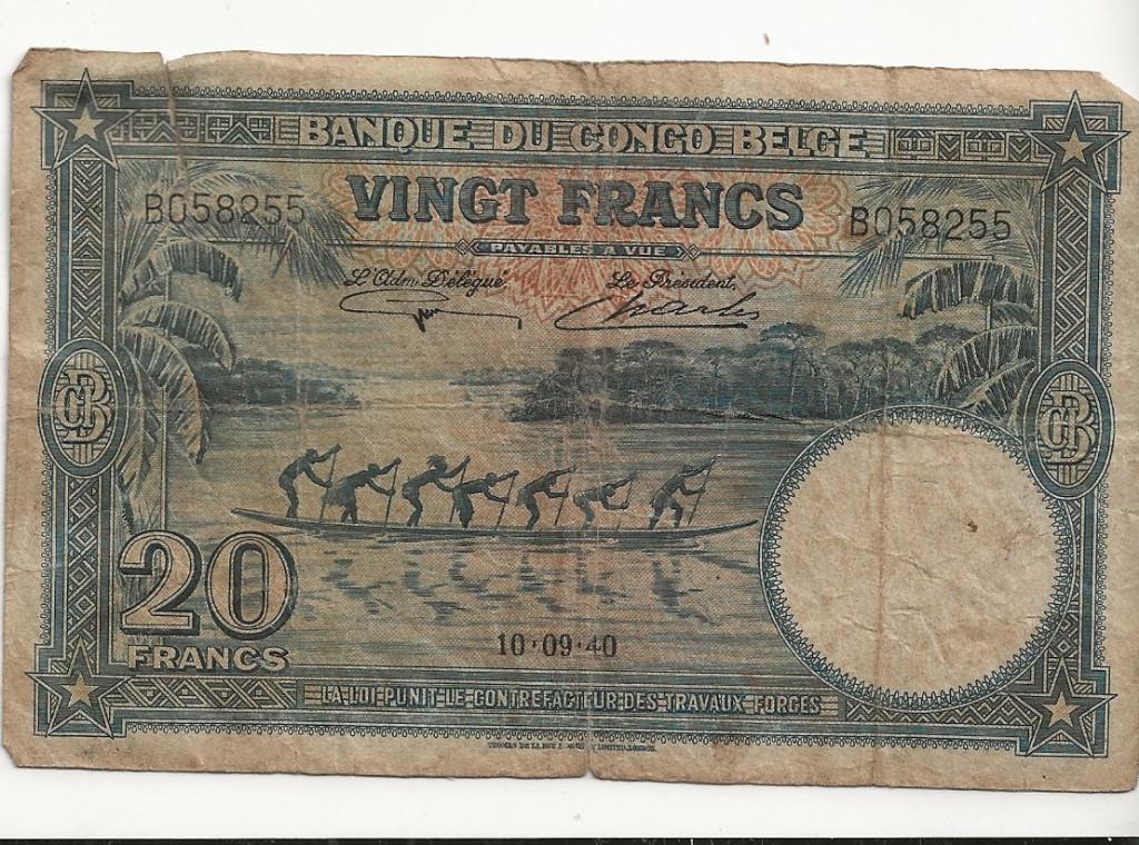 congo belgisch 20 fr biljet 1940, Ophalen of Verzenden, Overige landen, Losse munt