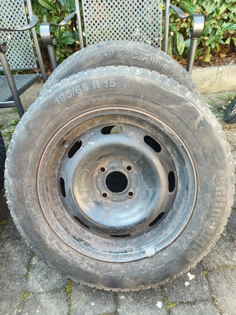 2 Pneus hiver Continental 195/65 R15 91 T M+S jantes 4 trous, Enlèvement, Pneus hiver, Pneu(s)