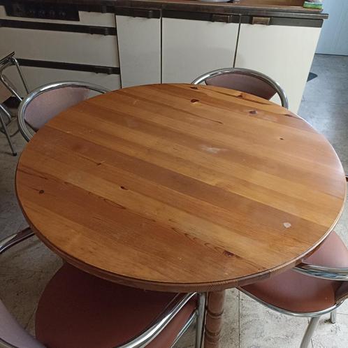 Ronde massief grenen tafel en 4 stoelen, Huis en Inrichting, Tafels | Eettafels, Gebruikt, 100 tot 150 cm, 100 tot 150 cm, Rond